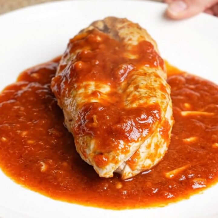 A serving spoon lifting a tender chicken breast coated in thick, cheesy marinara sauce from a black slow cooker.