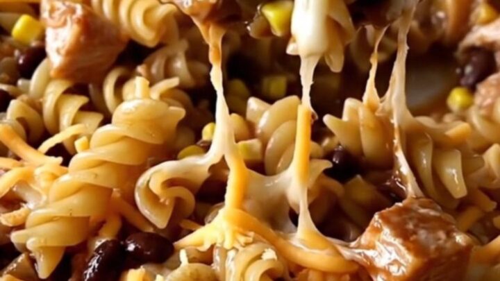 A top-down view of a rectangular baking dish filled with raw rotini, ground turkey, barbecue sauce, and shredded cheese.