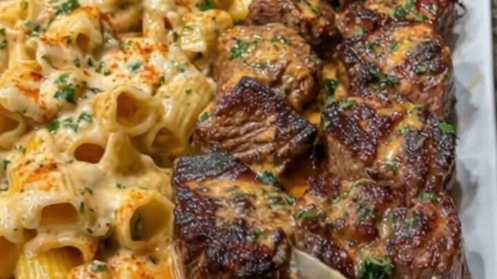 A close-up of tender Cajun-spiced steak bites served with creamy Parmesan rigatoni on a white platter.