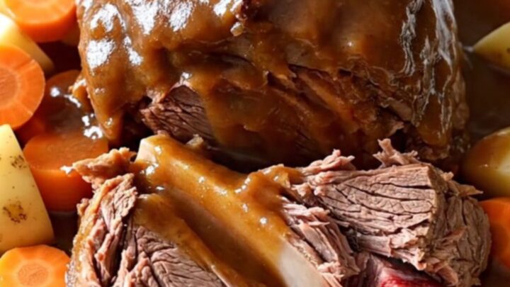 A rustic, slow-cooked Yankee pot roast with chunks of tender beef, carrots, and potatoes in a rich brown gravy.