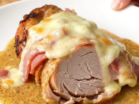 A close-up of tender turkey, melted Swiss cheese, and ham in a creamy sauce inside a slow cooker.