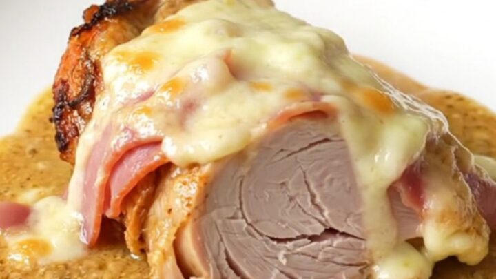 A close-up of tender turkey, melted Swiss cheese, and ham in a creamy sauce inside a slow cooker.
