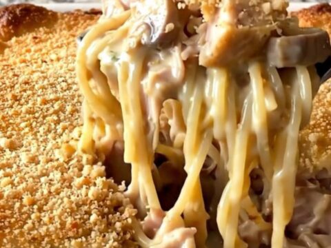 A top-down view of a creamy turkey tetrazzini bake in a white ceramic dish with a golden breadcrumb crust.