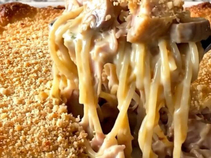 A top-down view of a creamy turkey tetrazzini bake in a white ceramic dish with a golden breadcrumb crust.