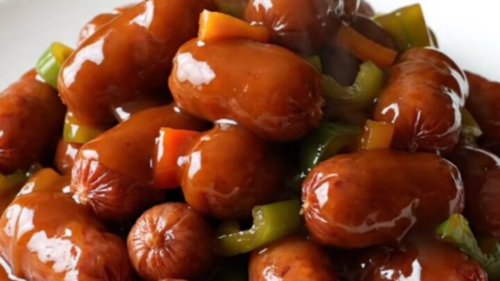 A stainless steel slow cooker filled with glazed mini smoked sausages and diced red peppers.