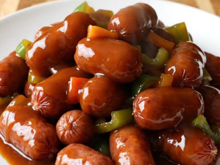A stainless steel slow cooker filled with glazed mini smoked sausages and diced red peppers.