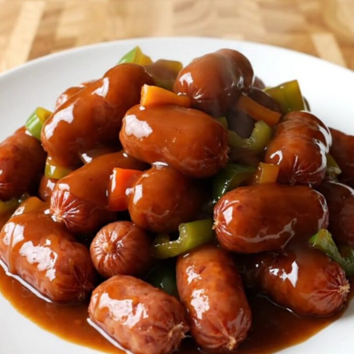 A stainless steel slow cooker filled with glazed mini smoked sausages and diced red peppers.