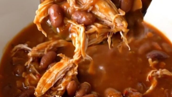 A top-down view of a steaming bowl of smoky honey chicken chili with shredded chicken and pinto beans.