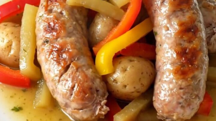 A close-up of a slow cooker filled with Italian sausage, bell pepper strips, and halved baby potatoes in a savory herb broth.
