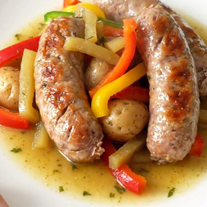 A close-up of a slow cooker filled with Italian sausage, bell pepper strips, and halved baby potatoes in a savory herb broth.