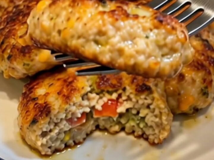 A close-up of a crispy, golden-brown chicken patty with melted cheese and corn visible inside.