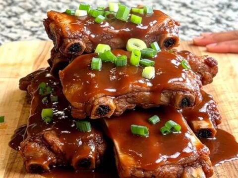 Close up of slow cooked Korean BBQ spareribs in a black ceramic insert with a glossy sauce.