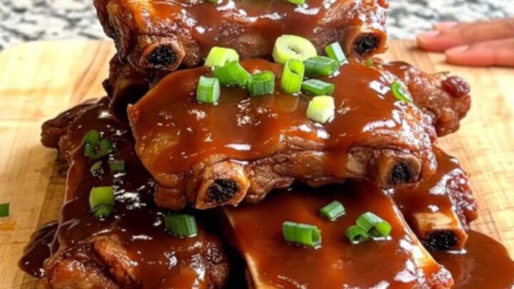 Close up of slow cooked Korean BBQ spareribs in a black ceramic insert with a glossy sauce.