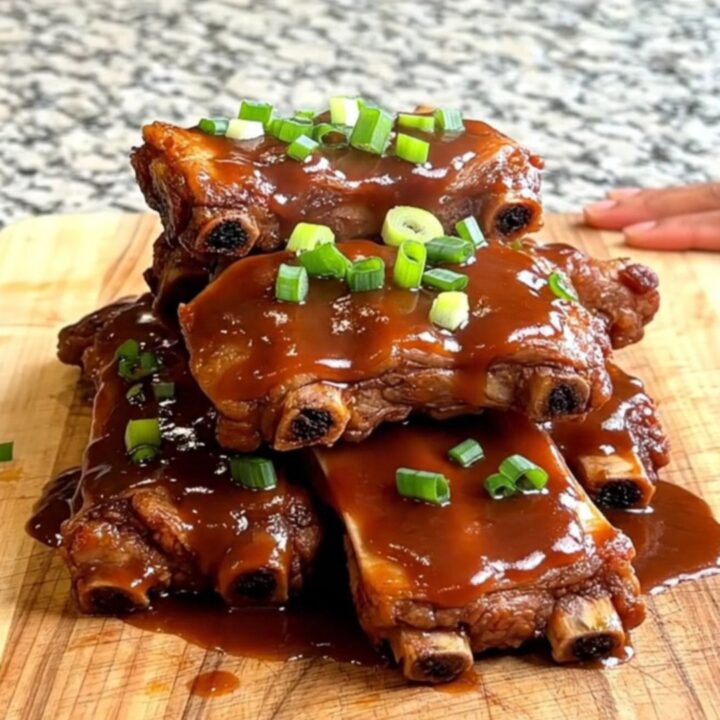 Close up of slow cooked Korean BBQ spareribs in a black ceramic insert with a glossy sauce.