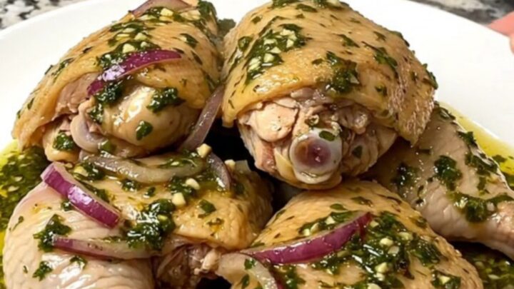 A close-up of tender braised chicken thighs in a vibrant green chimichurri sauce with red onion slices in a slow cooker.