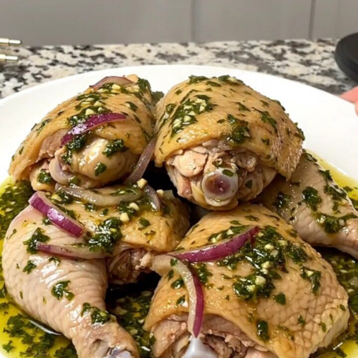 A close-up of tender braised chicken thighs in a vibrant green chimichurri sauce with red onion slices in a slow cooker.