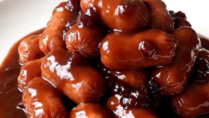 A serving spoon scoops plump mini smoked sausages coated in a thick, dark red-brown BBQ sauce from a slow cooker.