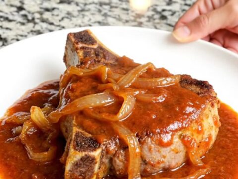 A close-up of a slow-cooked bone-in pork chop topped with soft onions and a rich, glossy tangy tomato sauce on a white plate.