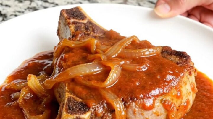 A close-up of a slow-cooked bone-in pork chop topped with soft onions and a rich, glossy tangy tomato sauce on a white plate.