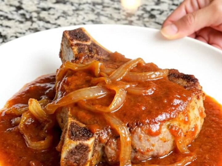 A close-up of a slow-cooked bone-in pork chop topped with soft onions and a rich, glossy tangy tomato sauce on a white plate.