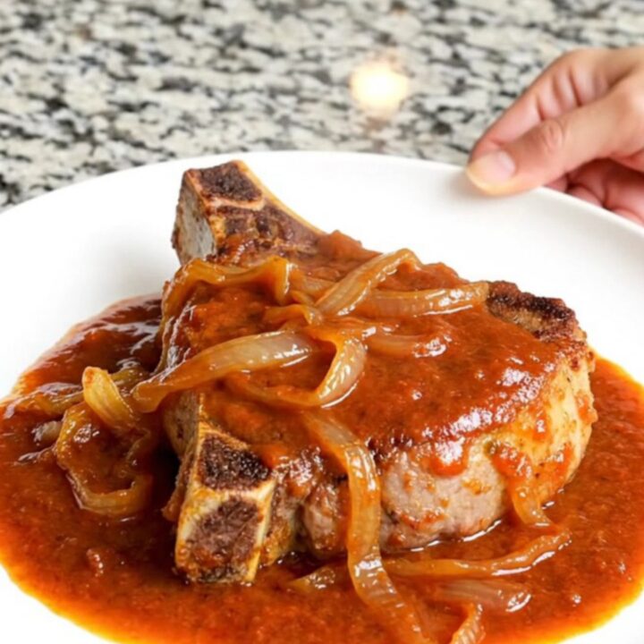 A close-up of a slow-cooked bone-in pork chop topped with soft onions and a rich, glossy tangy tomato sauce on a white plate.