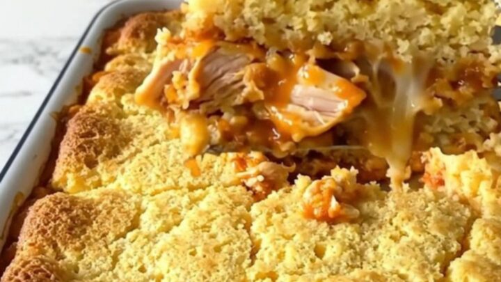A top-down view of a chicken tamale casserole in a white baking dish before it is baked, showing layers of chicken, cheese