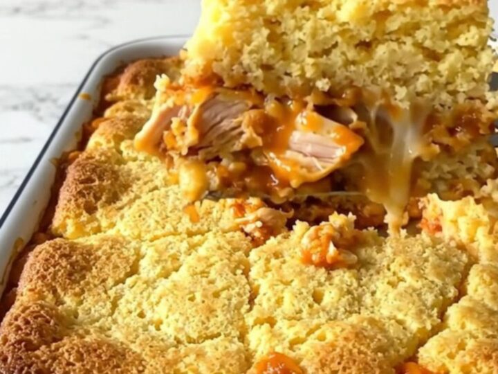 A top-down view of a chicken tamale casserole in a white baking dish before it is baked, showing layers of chicken, cheese
