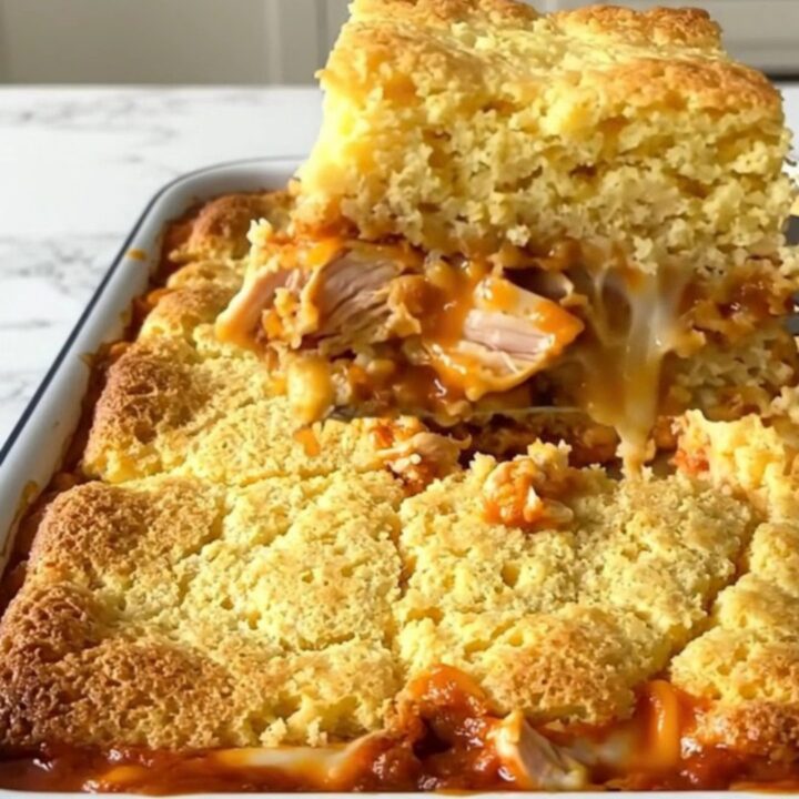 A top-down view of a chicken tamale casserole in a white baking dish before it is baked, showing layers of chicken, cheese