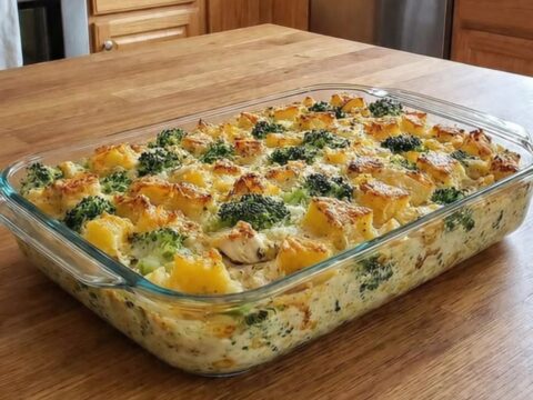 A golden, bubbling chicken and potato casserole in a glass dish on a rustic wooden table.