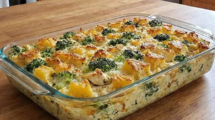 A golden, bubbling chicken and potato casserole in a glass dish on a rustic wooden table.