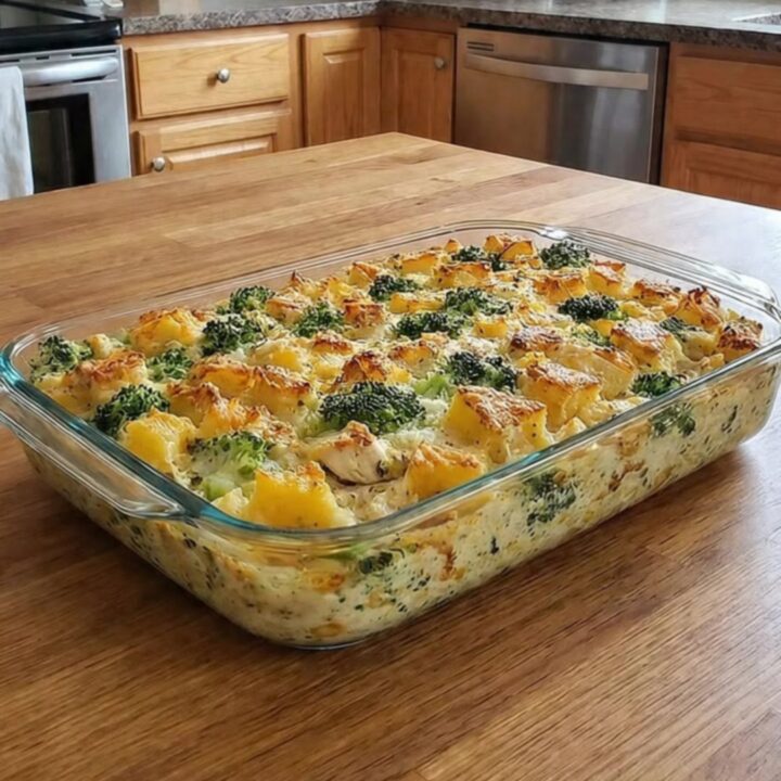 A golden, bubbling chicken and potato casserole in a glass dish on a rustic wooden table.
