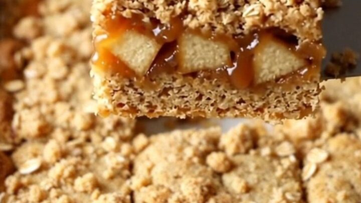 A top-down view of freshly baked caramel apple crumble bars in a ceramic dish, showing golden oats and caramel.