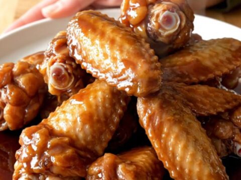A stainless steel slow cooker filled with glazed chicken wings ready to be served.