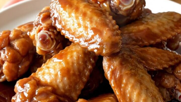 A stainless steel slow cooker filled with glazed chicken wings ready to be served.