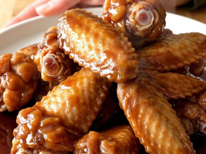A stainless steel slow cooker filled with glazed chicken wings ready to be served.