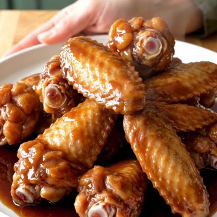 A stainless steel slow cooker filled with glazed chicken wings ready to be served.