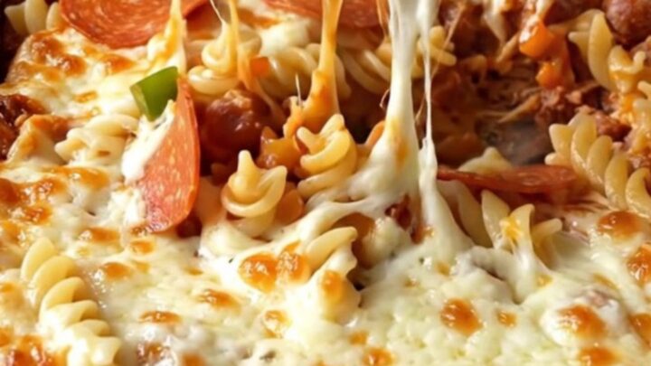 A top-down view of a rectangular baking dish filled with a supreme pizza pasta bake before it enters the oven.