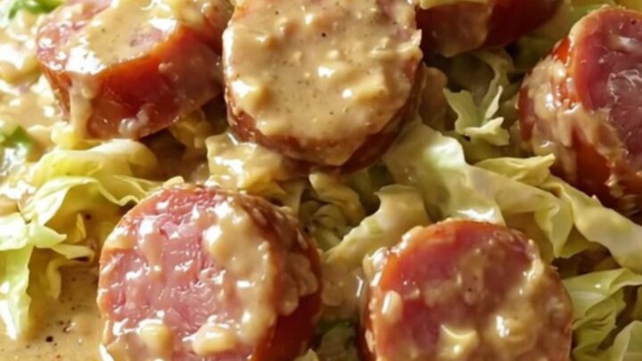 A slow cooker filled with sliced kielbasa and cooked cabbage in a creamy sauce.