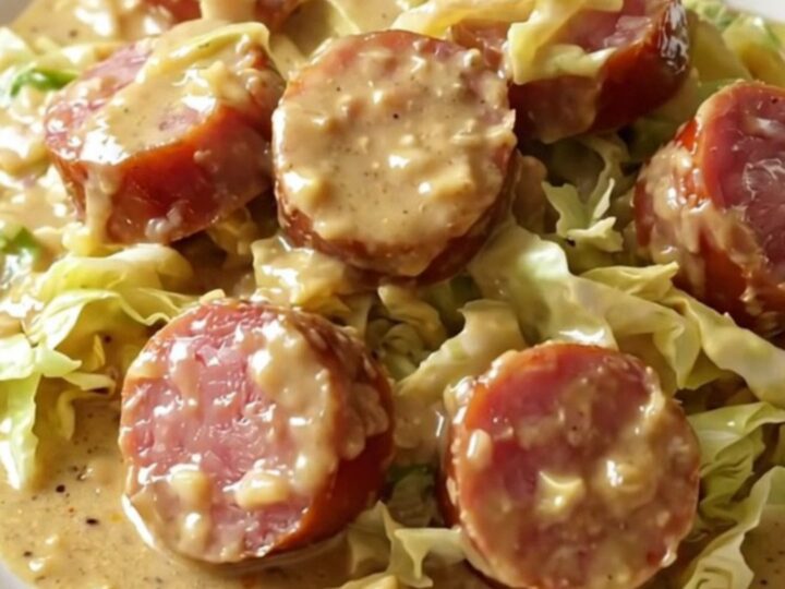 A slow cooker filled with sliced kielbasa and cooked cabbage in a creamy sauce.