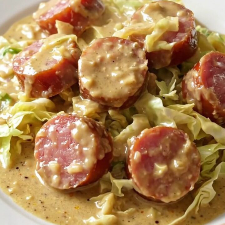 A slow cooker filled with sliced kielbasa and cooked cabbage in a creamy sauce.