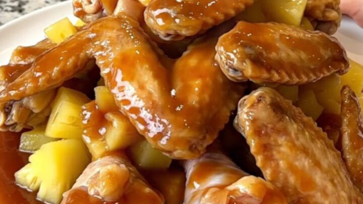Slow cooked chicken wings in a rich, dark huli huli sauce with pineapple chunks in a black slow cooker insert.