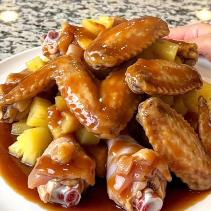 Slow cooked chicken wings in a rich, dark huli huli sauce with pineapple chunks in a black slow cooker insert.