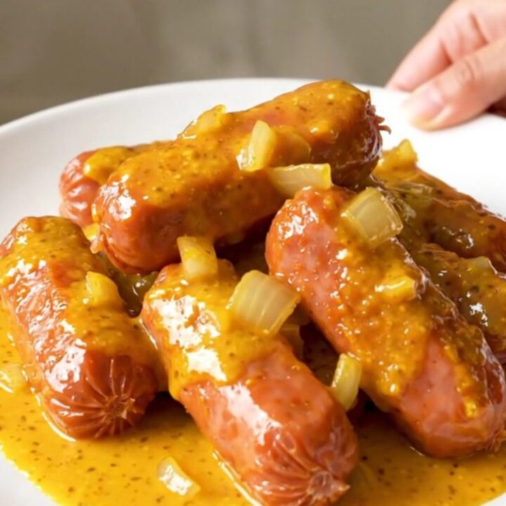 A close-up of slow cooker beer cheese cocktail smokies in a black ceramic pot.