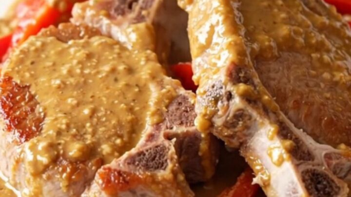 Slow cooker Thai peanut pork chops served on a plate with vibrant red bell pepper strips and a creamy sauce.