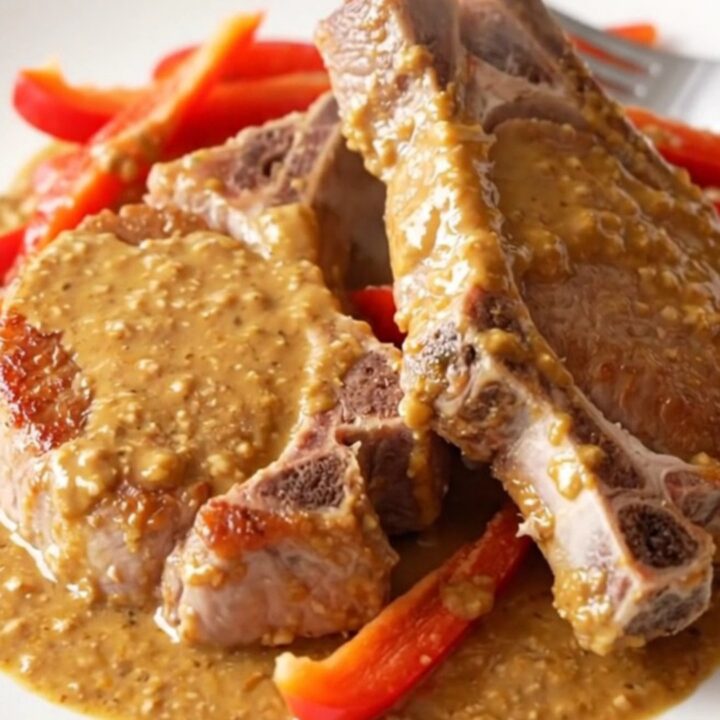 Slow cooker Thai peanut pork chops served on a plate with vibrant red bell pepper strips and a creamy sauce.