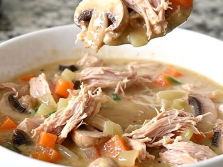 A top-down view of a slow cooker filled with creamy ground turkey and mushroom stroganoff stew.