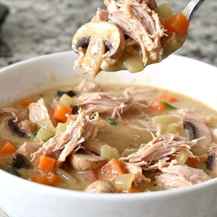 A top-down view of a slow cooker filled with creamy ground turkey and mushroom stroganoff stew.