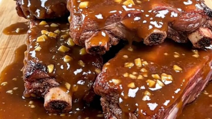 A close-up of tender, slow-cooked baby back ribs glazed in a shiny brown sugar and garlic sauce on a wooden board.