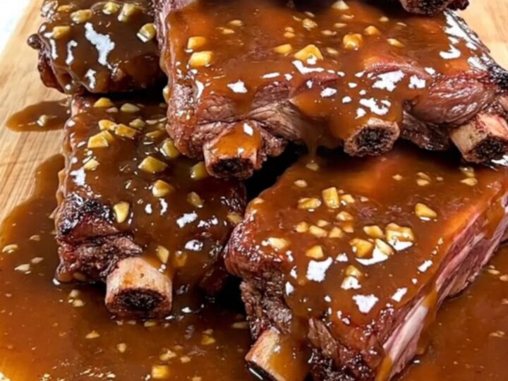 A close-up of tender, slow-cooked baby back ribs glazed in a shiny brown sugar and garlic sauce on a wooden board.