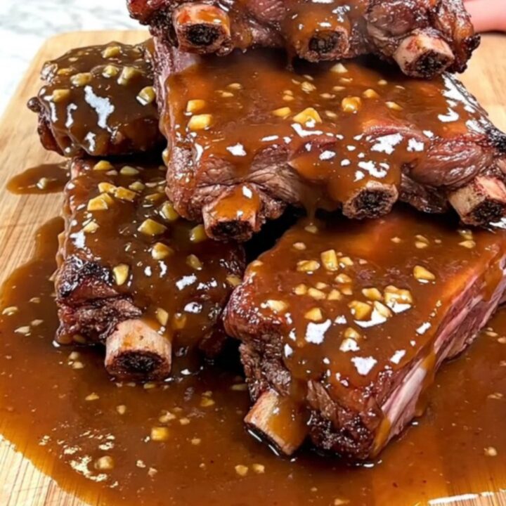 A close-up of tender, slow-cooked baby back ribs glazed in a shiny brown sugar and garlic sauce on a wooden board.